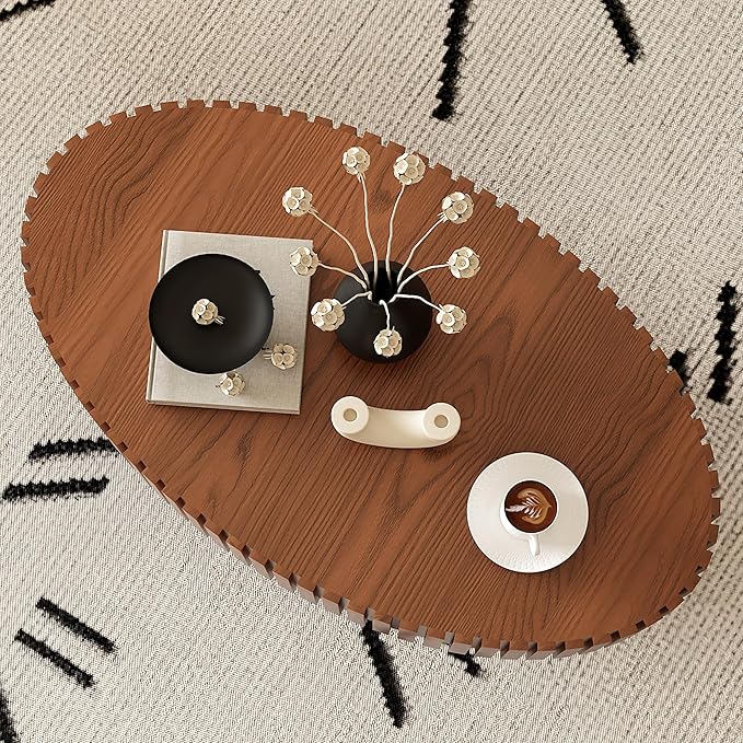 43.31" Oval Drum Coffee Table, Modern Handcraft Fluted Drum Center Table, Wooden Oval Coffee Table Center Table with Sturdy Pedestal for Living Room Apartment (Natural Wood)