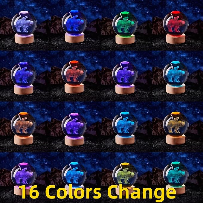 Polar Bear Crystal Ball Lamp with LED Wooden Base, 16 Colors Change & Remote Control Crystal Ball Night Light, Upgraded 3.15 Inch Glass Light, Gift for Kids Wife Girlfriend (Polar Bear)