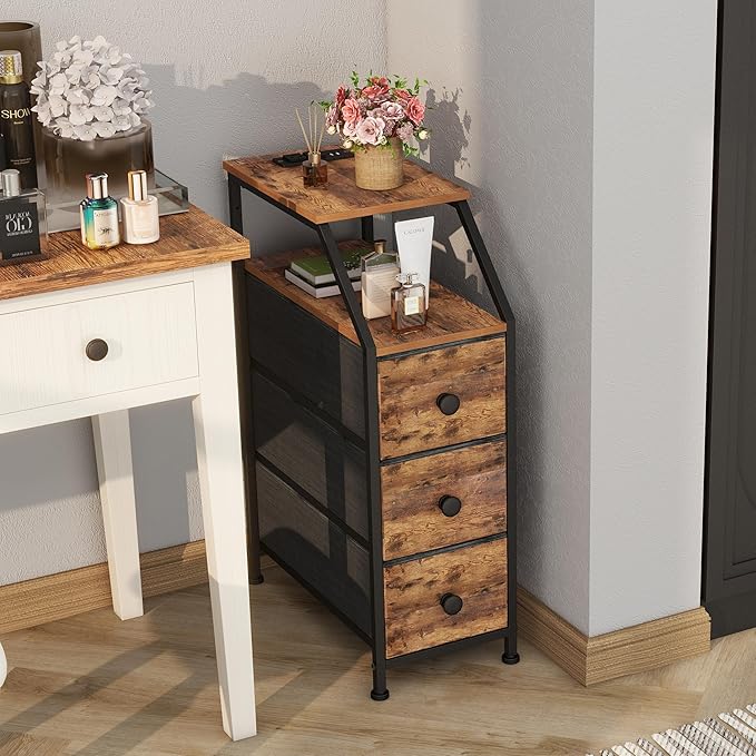 Tohomeor Narrow Dresser Tall Skinny Storage Tower Vertical Slim Chest of Drawers with Charging Station Small Nightstand Side Table for Bedroom, Bathroom, Small Spaces (Rustic Brown, 3 Drawers)