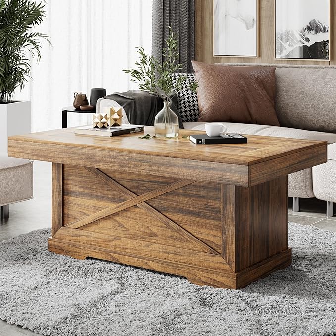 Coffee Table 39 in Rustic Center Table with X-Design Wooden Pedestal for Living Room, Space Saving, Rectangle Home Office Tea Accent Table for Dining Room Apartment, Walnut