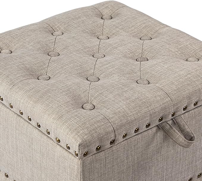 Adeco 18 Inch High Cube Ottoman Storage, Linen Beige Chair Foot Stools with Tray, Upholstered Vanity Stool with Solid Wood Legs