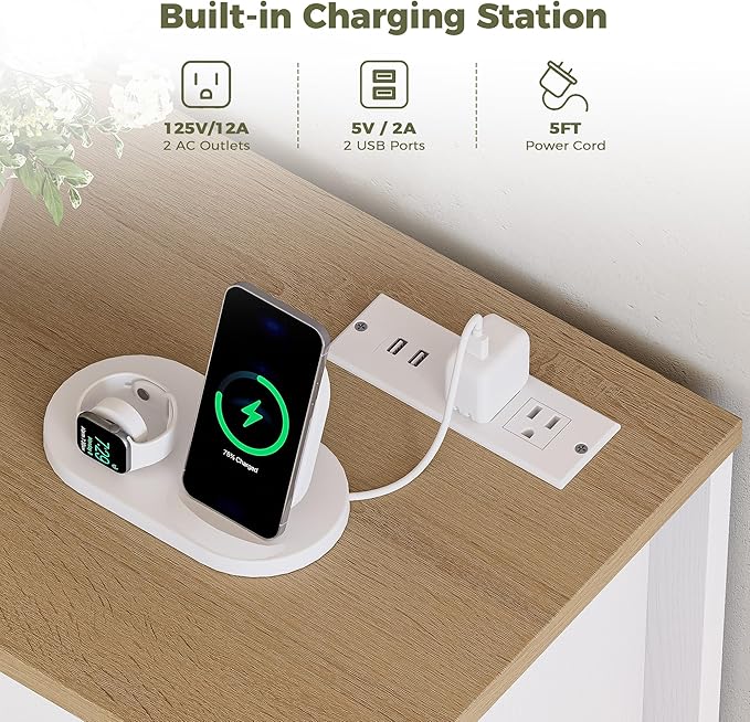 IRONCK Farmhouse Console Table with Storage Cabinet, Entryway Table with Shelf, Coffee Bar with Power Outlets for Hallway Kitchen Living Room, White