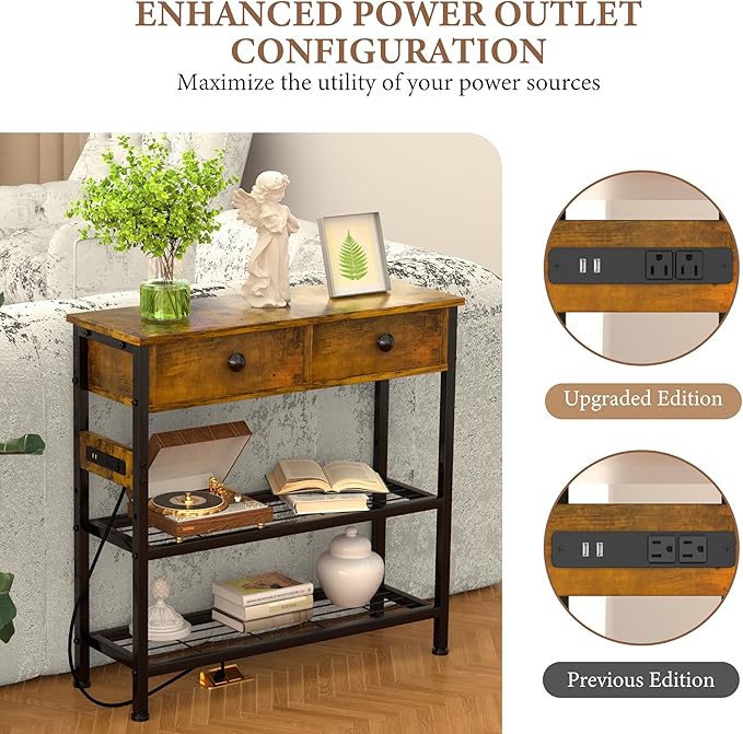 GRLEAF 32" Console Table with Outlets & USB Ports – Narrow Entryway Table with 2 Drawers and Storage Shelves, Power Strip Sofa Table for Living Room, Hallway, Kitchen, Foyer – Rustic Brown Wood Finish