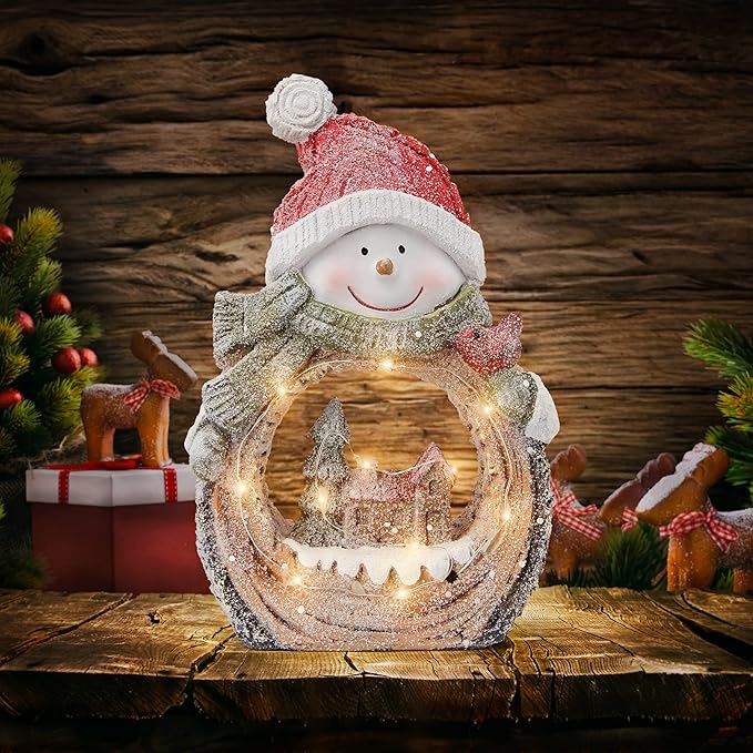Snowman Statue with LED Lights for Christmas Decorations,Holiday Decor Figurine for Shelf Bookshelf Desk Fireplace Home Decor Accents,Indoor Winter Frosty Battery Operated 6h Timer