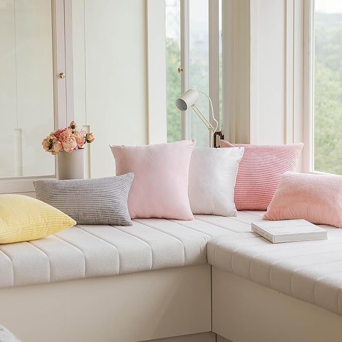 Home Brilliant Throw Pillow Covers Pink Couch Pillow Covers 18x18 Decoration Supersoft Striped Velvet Corduroy Decorative Pillowcases for Bedroom Girls Gift, 18 x 18 inch, Baby Pink