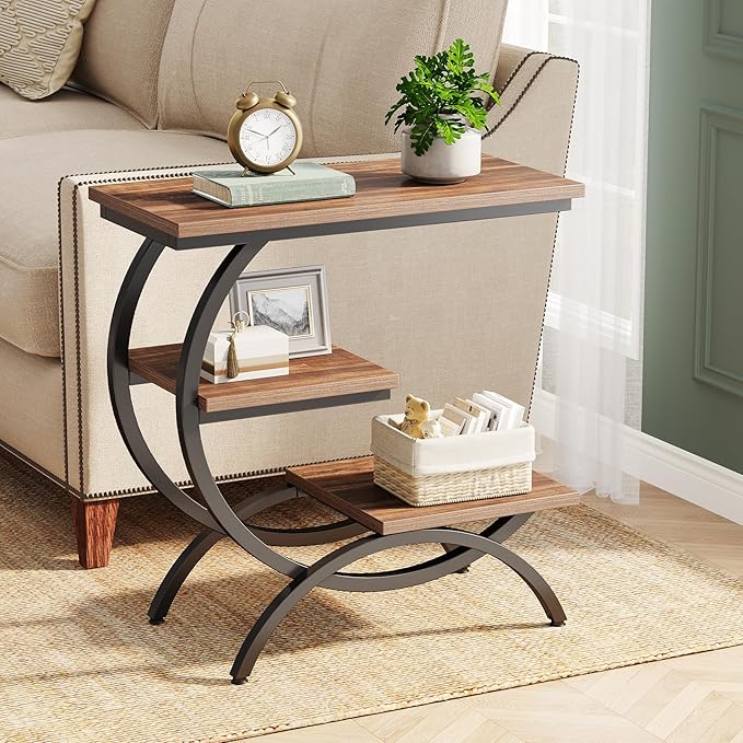 Tribesigns C-Shaped End Table, Industrial 3-Tier Small Side Table for Couch, Wood Bedside Table Snack Side Table with Storage Shelves for Living Room Small Space, Rustic Brown