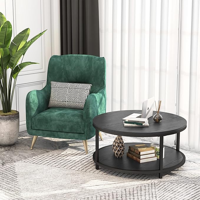 WiberWi Round Coffee Table Black 35.8" Circle Coffee Tables for Living Room Rustic Industrial Design with Sturdy Metal Frame Legs and Open Storage Shelf, Easy Assembly