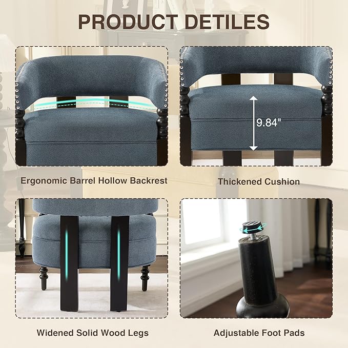 LOULENS Barrel Accent Chairs Set of 2, Vintage Linen Upholstered Lounge Chair with Solid Wood Legs, Comfy Leisure Side Armchair for Living Room, Bedroom, Reading Nook, Corner, Blue