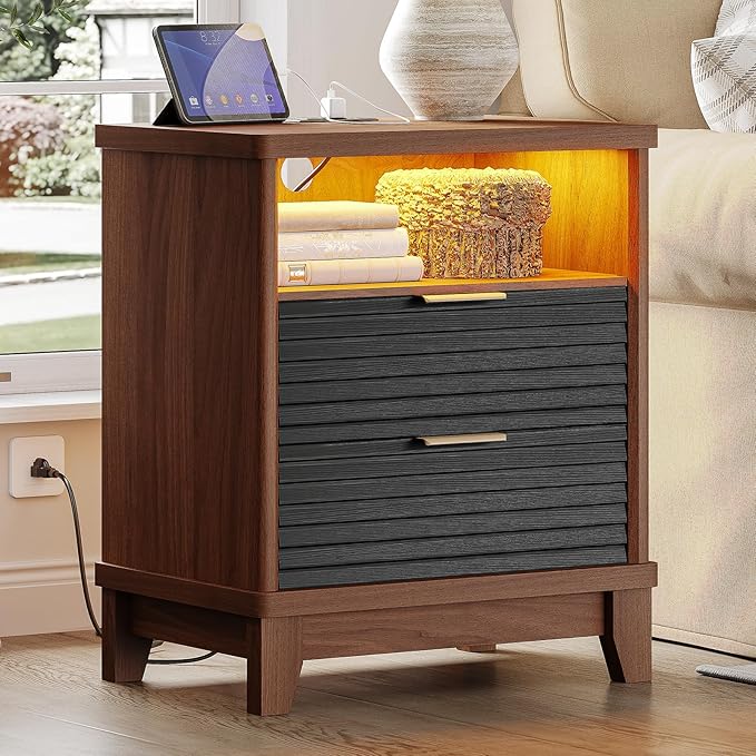 AOGLLATI Fluted Nightstand with Charging Station and 2 Drawers, Black Nightstand, Beside Table with Open Storage and Led Lights, Retro End Side Table for Bedroom, Black