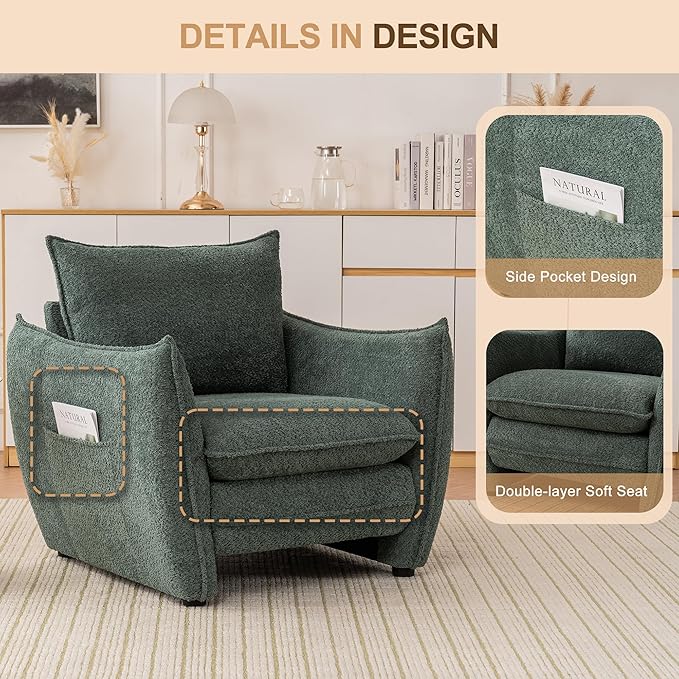 Oversized Accent Chair, Modern Single Sofa Cloud Chairs with Removable Pillow, Deep Seat Comfy Armchair for Living Room Bedroom Reading Nook - Upholstered Lounge Chair (Green)