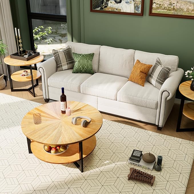 LEEMTORIG Round Side Table, Large End Table Nightstand with Metal Legs, Modern Bedside Table 2-Tier for Living Room, Bedroom, Office, Natural Wood Color/Black, 25.2 x 25.2 x 24 inches CJZ-1338-OA