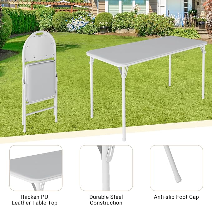 5-Piece Rectangle Folding Table and Chairs Set, Foldable Portable Card Table and Chairs, Scratch & Stain Resistant Tabletop, for Dining Room, Living Room, Office, Camping, Gatherings, Gray