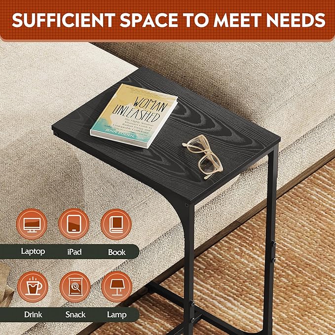 WLIVE C-Shaped End Table Set of 2, Small Couch Side Tables with Metal Frame, Sofa Table TV Tray for Living Room, Bedroom, Black