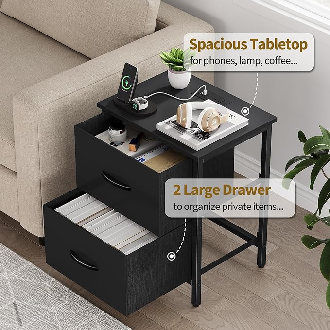 Vagusicc Nightstand Set of 2 with Charging Station, End Table Bedside Table with Power Outlet & USB Ports, Side Table with 2 Fabric Drawers for Bedroom, Living Room, Black