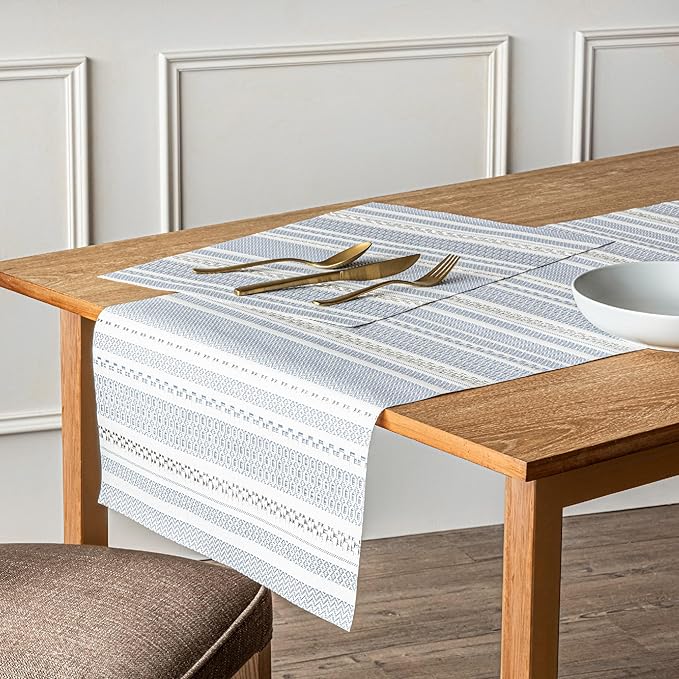 Over&Back Set of 4 Reversible Woven Placemats - Colorful Dining Room Table Mat - UVA/UVB-Proof Polypropylene - Indoor and Outdoor Kitchen and Home Decor - Striped - Blue - Rectangle