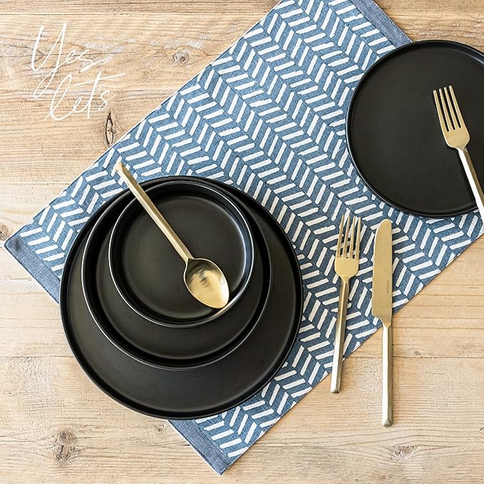 Over&Back Set of 4 Hand-Blocked Placemats - Colorful Dining Table Mat - Each Placemat is Unique - 100% Cotton - Machine Washable - Kitchen and Home Decor - Blue Herringbone