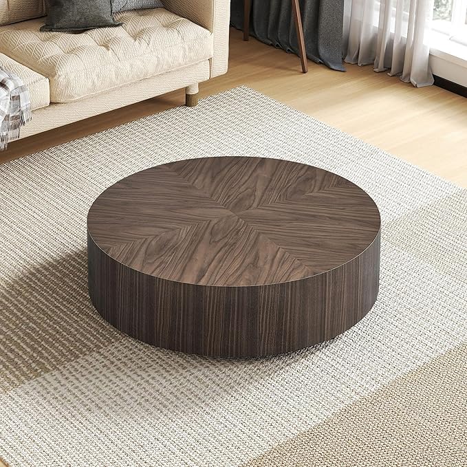 35.43" Round Coffee Table, Modern Drum Coffee Table Wood Side Table Accent End Table Circle Center Table for Living Room Apartment, No Need Assembly, Walnut
