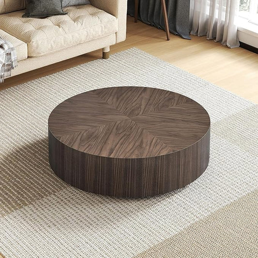 35.43" Round Coffee Table, Modern Drum Coffee Table Wood Side Table Accent End Table Circle Center Table for Living Room Apartment, No Need Assembly, Walnut