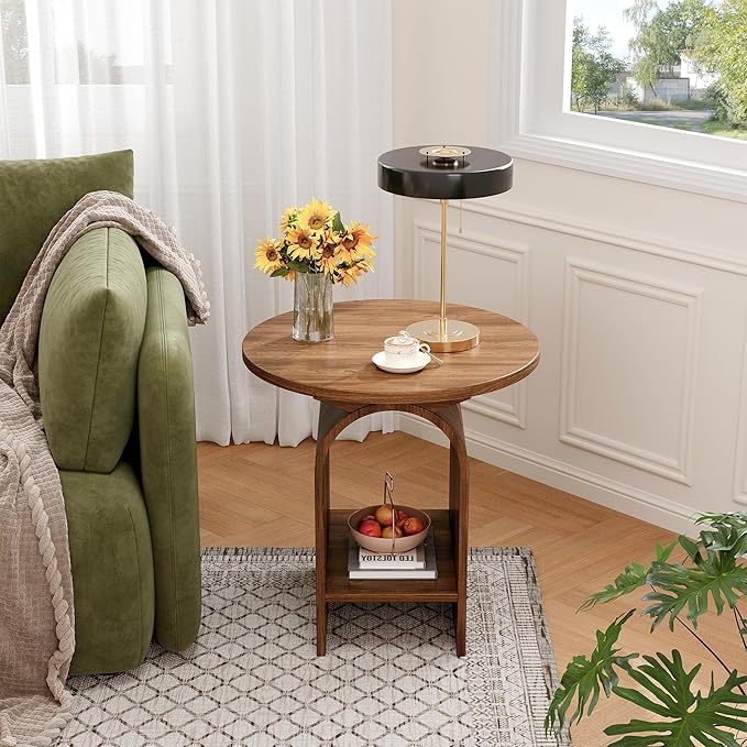 Side Table Set of 2, Round Coffee Table for Living Room, 2-Tier end Table with Storage and Thickened Tabletop, Modern Center Table Boho Small Bed Side Table for Living Room Office, Walnut