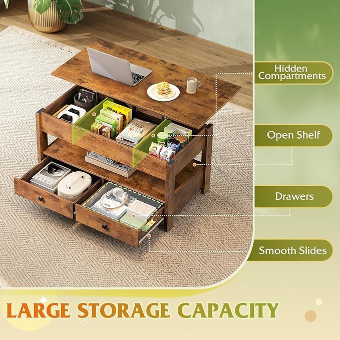 WLIVE Coffee Table, Lift Top Coffee Table with 2 Drawers, Large Hidden Hidden Compartment and Open Shelf, Lift Tabletop, Dining Table for Living Room, Rustic Brown