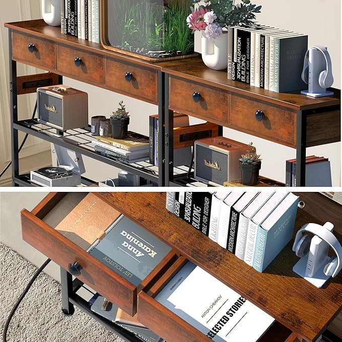 32" Narrow Console/Entryway Table with Storage & 3 Drawers & Outlets, for Sofa & Living Room, Hallway/Foyer/Couch/TV/ Aquarium Stand Table for Entryway with USB Ports, LED Light Strip,Perfect for Home