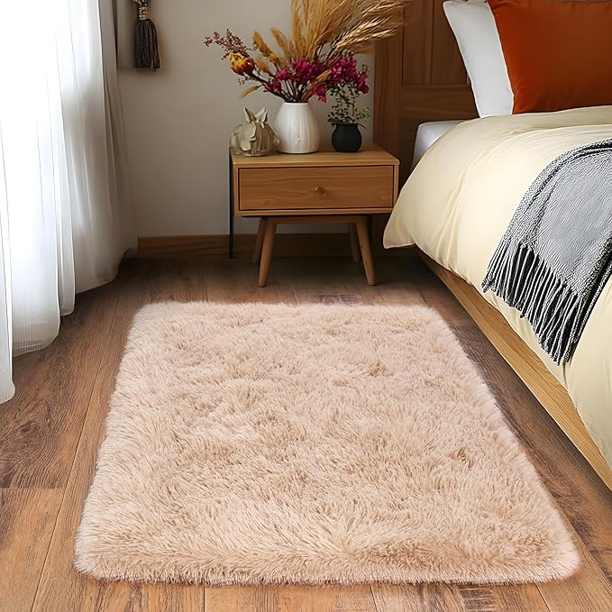 Small Area Rug, 2x3 Rug for Bedroom Shaggy Throw Rugs for Dorm Rug, Soft Shag Carpet for Kids Room, Plush Comfy Fluffy Bedside Rug for Home Decor Aesthetic, Camel
