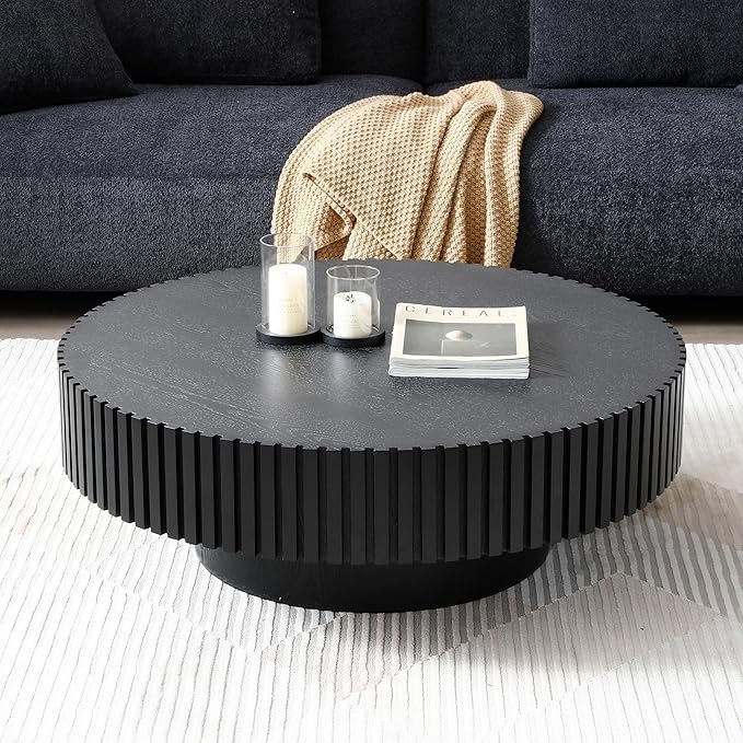 Round Coffee Table, Modern Wooden Coffee Table for Living Room, Farmhouse Circle Center Table, Drum Fluted Accent Tea End Table for Apartment Small Space (31" Black)