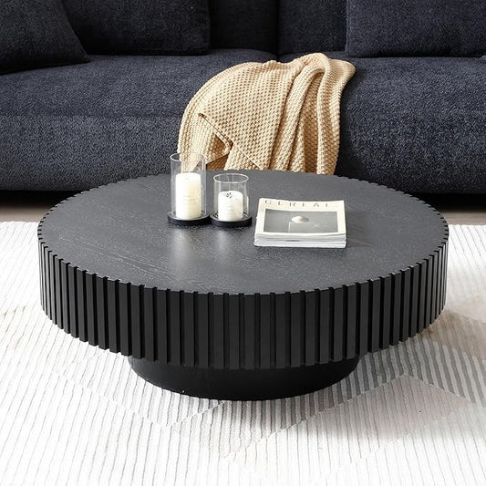 Round Coffee Table, Modern Wooden Coffee Table for Living Room, Farmhouse Circle Center Table, Drum Fluted Accent Tea End Table for Apartment Small Space (31" Black)