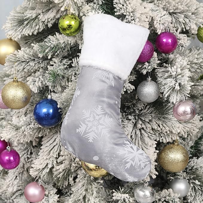 Flash World 36 Inch Large Christmas Tree Skirt Xmas Soft Cover Mat Decor Snowflake Collar Farmhouse Tree Skirt for Holiday Ornaments Party Home Indoor Decorations (Flocking Grey, 48INCH)