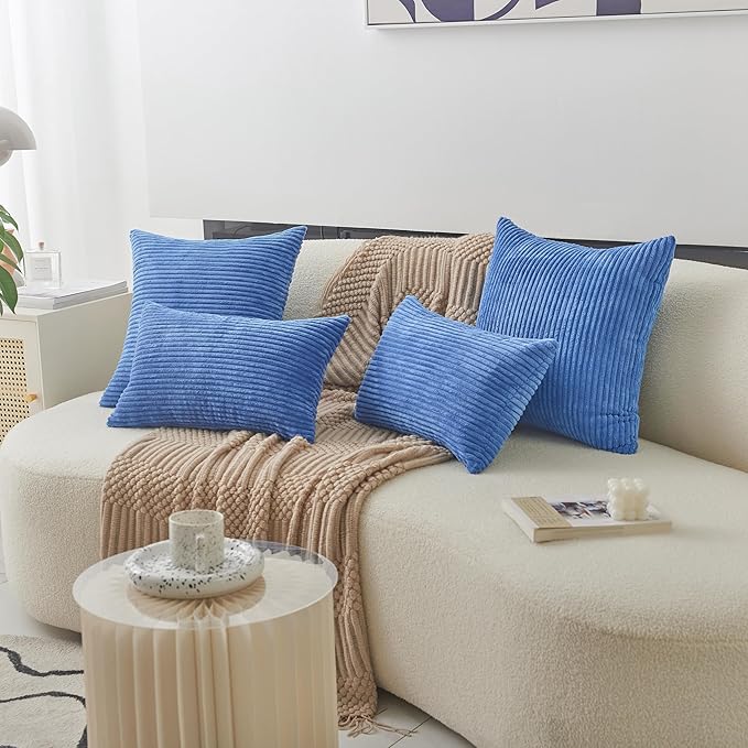 Home Brilliant Blue Decorative Pillows Large Throw Pillow Cover for Couch Bench 2 Packs Striped Velvet Floor Pillow Covers, 55x55cm, 22 x 22 Inch, Blue