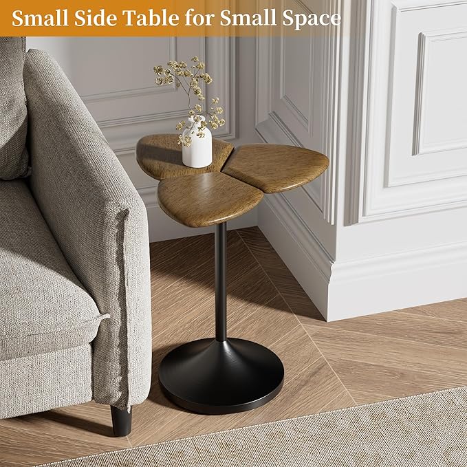 Aoligrace Clover Side Table, Solid Wood End Table, Unique Accent Side Table for Small Spaces, Wooden Small Coffee Table for Couch, Living Room, Bedroom Dec(Walnut)