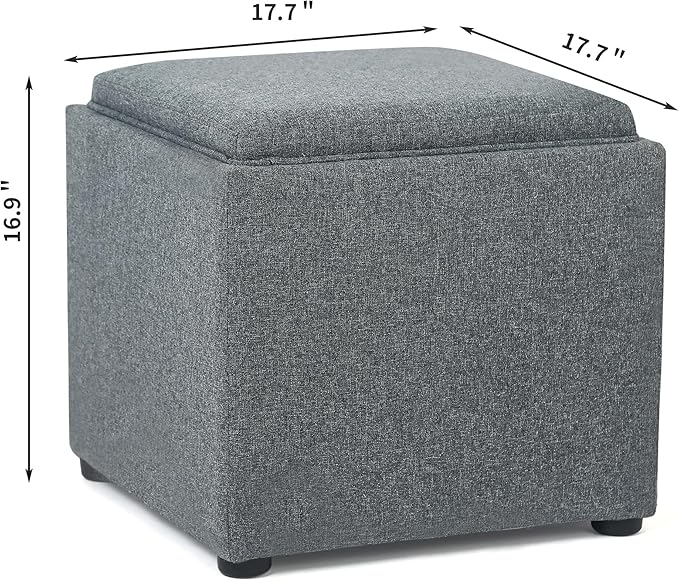 Adeco 17" Grey Square Storage Ottoman with Tray, Modern Cube Ottoman Coffee Table for Dorm, Bedroom (Grey with Tray)