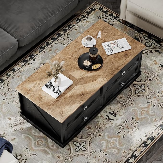 Rustic Coffee Table with Drawers 47 inch Living Room Tables with Storage, Wooden Center Table for Reading Playing Room Home Accent Table for Dining Room Apartment, Dark Oak Black