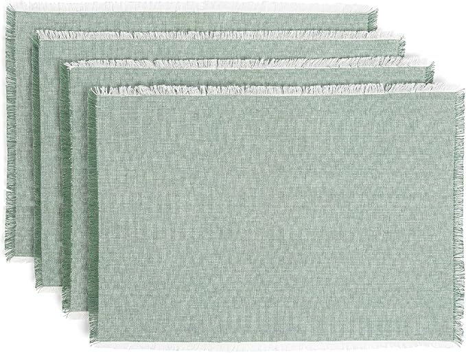 Over&Back Set of 4 Woven Frayed Chambray Placemats - Colorful Dining Table Mat - Hand-Finished Frayed Edges - 100% Cotton - Machine Washable - Kitchen and Home Decor - Green - 14" L X 20" W