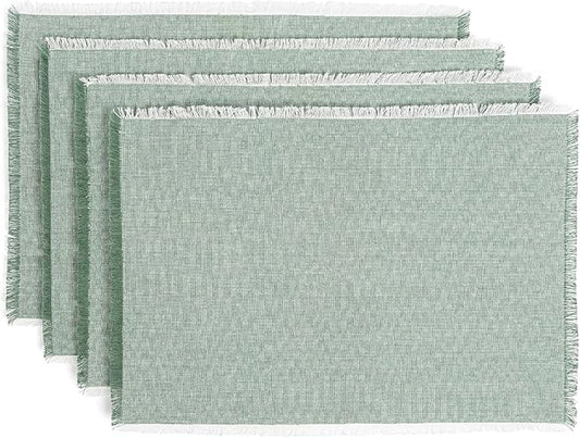 Over&Back Set of 4 Woven Frayed Chambray Placemats - Colorful Dining Table Mat - Hand-Finished Frayed Edges - 100% Cotton - Machine Washable - Kitchen and Home Decor - Green - 14" L X 20" W
