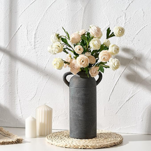 10.16" Tall Ceramic Rustic Vase for Home Decor, Terracotta Vase with Handles, Handcrafted Vintage Decorative Flower Vase for Farmhouse, Living Room, Table, Fireplace, Nightstand- Black Bronze