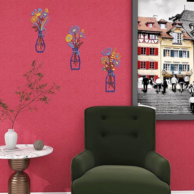 Iron Metal Vase Flower Wall Art Set of 3 - Minimalist Black Floral Decor for Living Room Bedroom Kitchen, Office Garden - Modern Farmhouse Home Decor & Housewarming Gifts (Blue-Yellow)