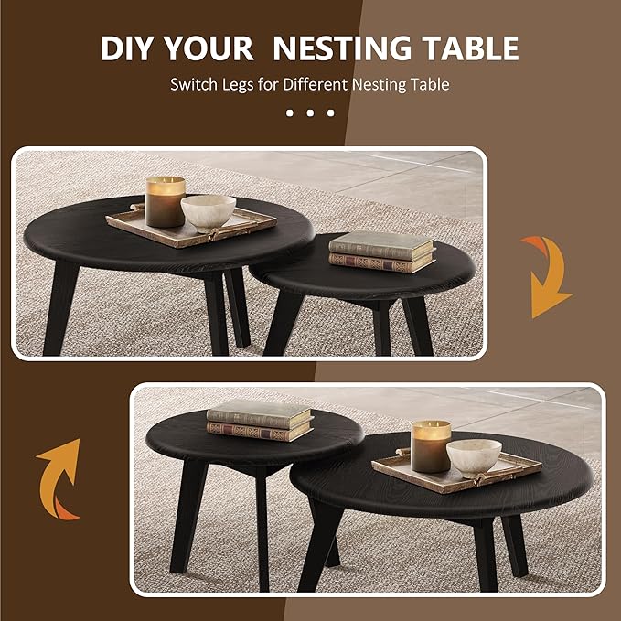 23.6" Coffee Table Mid Century Modern Farmhouse Round Nesting Stacking, Vintage Rustic Solid Wood, Black Accent Coffee Table for Living Room, Bedroom & Office, Espresso