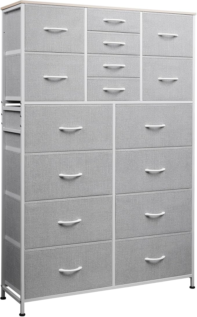 Tall Console Table with 16 Fabric Drawers, Entryway Table with Storage, Large Storage Organizer with Wood Top, Steel Frame for Living Room, Hallway, Office, Light Grey