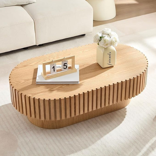 Oval Coffee Table, 43.7"x24.8" Modern Handcraft Drum Wood Side End Table Accent Center Table for Living Room Bedroom Apartment, Oak