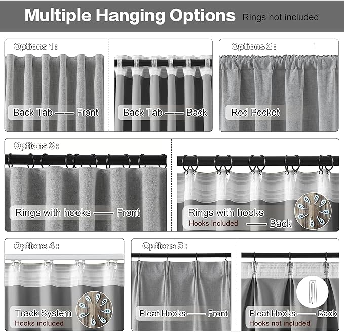 RAIN CITY Long Blackout Curtains 132 Inch Long 2 Panels Grey, Back Tab Pleated Look Drapes for Track System with Hooks, Noise Reducing Spring Blackout Winodw Curtains for Living Room 50x132