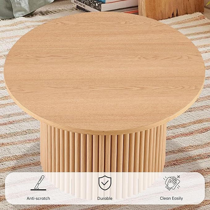 27" Round Coffee Table, Coffee Table for Living Room, Mid Century Modern Wood Coffee Table, Drum Accent Small Center Table, Oak Wood Veneer