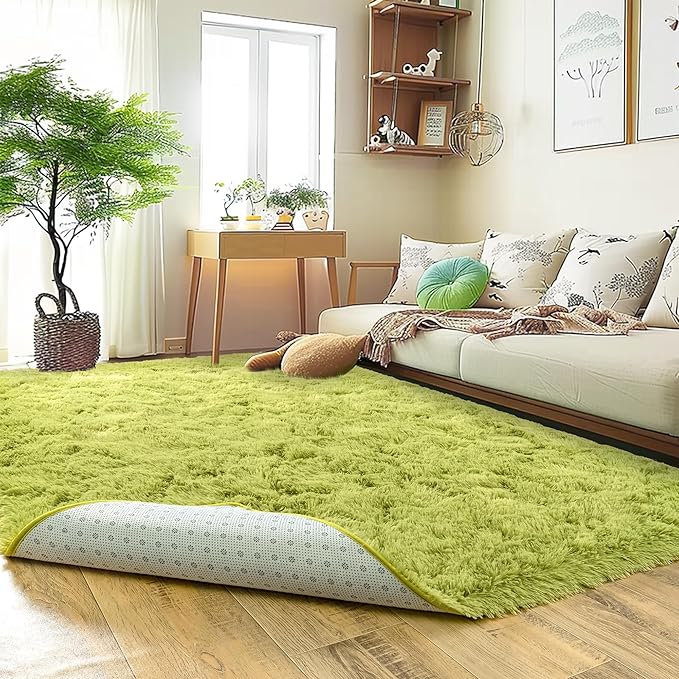 Ultra Fluffy Area Rugs for Living Room Bedroom, 6x9 Fuzzy Large Living Room Rugs, Thick Shag Rug for Dorm, Soft Non Slip Kids Girls Boys Rug for Home Decor Aesthetic, Green