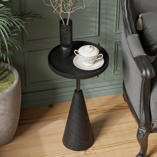 COZAYH Modern Round End Table with Raised Edge Tray Top, Wooden Pedestal Side Table with Rubber Wood Base for Living Room, Entryway, Office (Black)