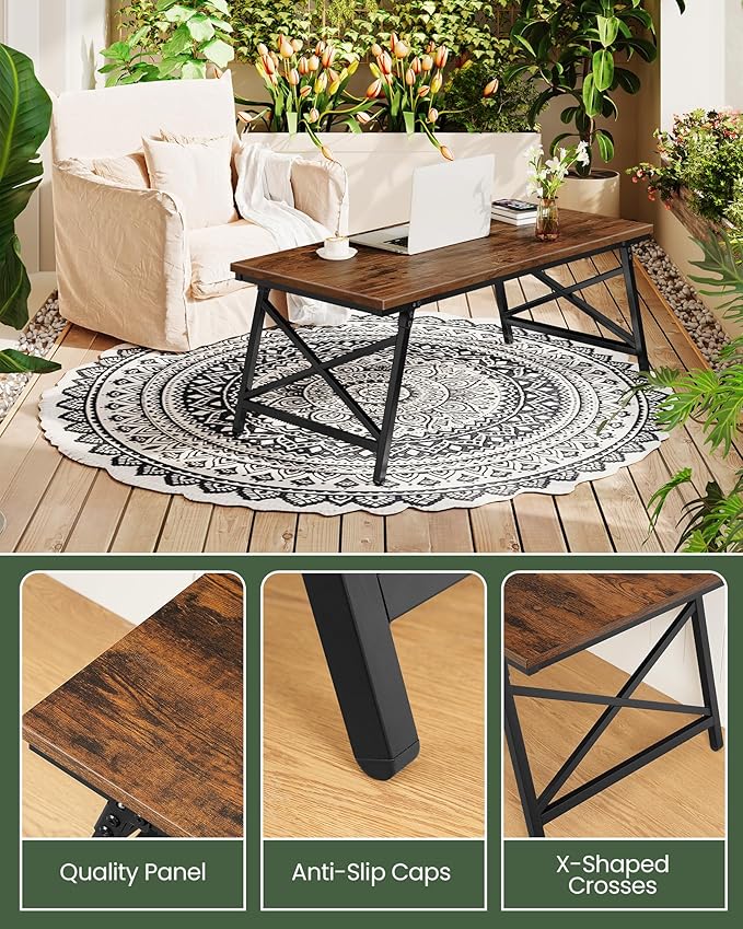 41.3" Folding Coffee Table with Safety Buckles, Low Coffee Table, Portable Floor Table, for Sitting on The Floor, for Living Room, Bedroom, Balcony, Caravan, Rustic Brown and Black TKF01BF