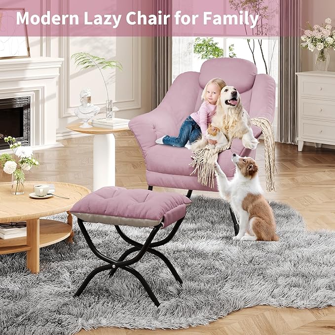 Living Room Chair Modern Accent Chair with Ottoman, Ergonomic Support, Foldable Footrest, Removable Washable Cover, Perfect for Bedroom and Living Room, Pink