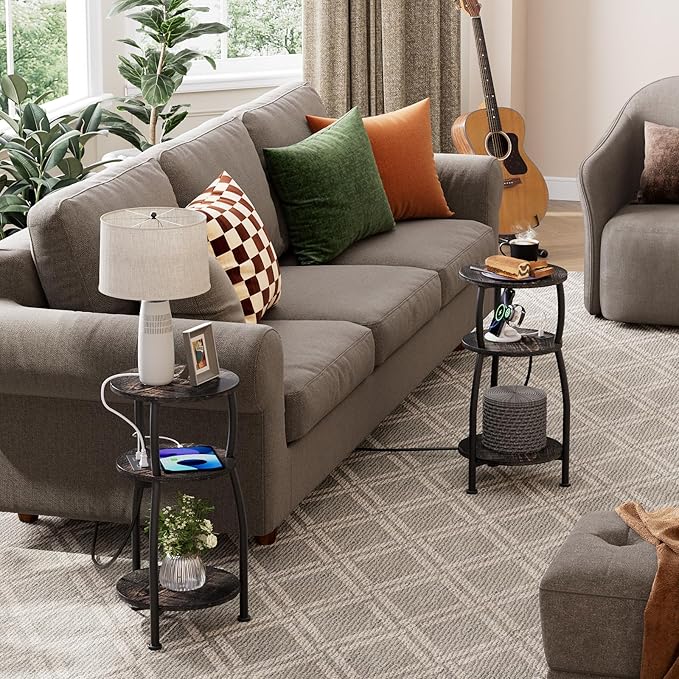 Round Side Table with Power Outlet & USB Ports, 3-Tier End Table with Storage Shelf, Modern Rustic Nightstand, Small Spaces Accent Table for Living Room Bedroom, Easy Assembly, Oak Dark