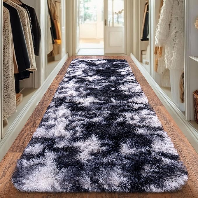 Runner Rugs for Bedroom 2x6 Soft Shag Bedside Rug, Fluffy Area Rug Throw Rugs for Living Room, Floor Carpet Runner for Nursery Kids Dorm Home Decor, Black and White