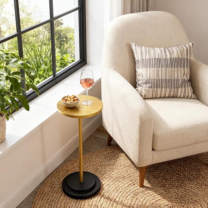 Drink Table, Carved Table Top Martini Table, Small Side Table, Weighted Base Pedestal Table for Living Room, Bedroom, Bathroom, Gold and Black