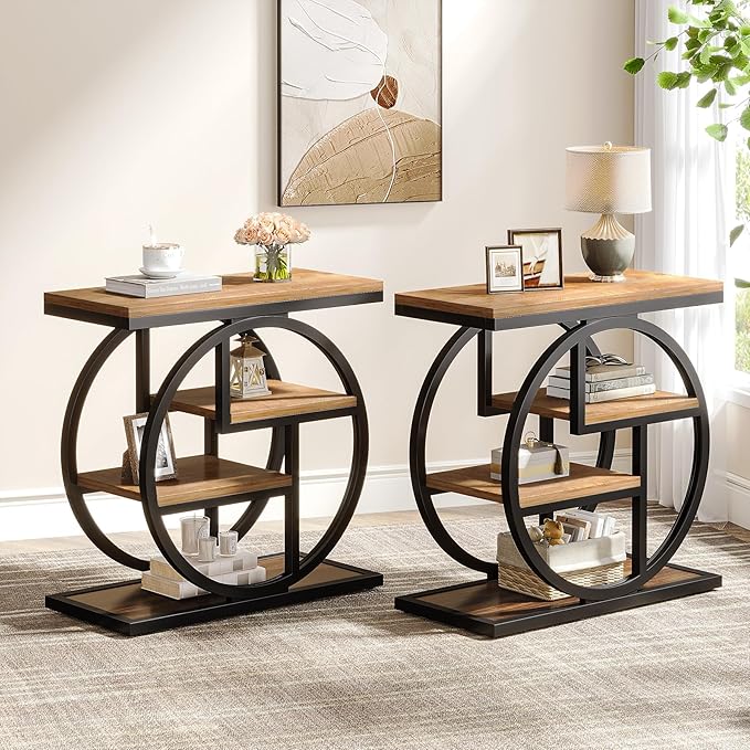 Tribesigns End Table Set of 2, 4-Tier Narrow Side Table with Storage Shelves, Wood Small Sofa Side Table with Geometric Metal Frame, Industrial Bedside Table for Bedroom, Living Room, Natural Brown